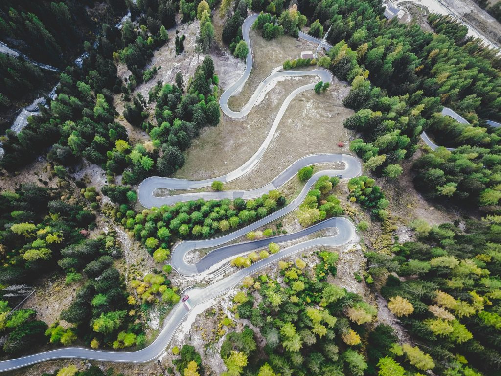 Image of a winding road that travels through a semi-barren landscape dotted with clusters of evergreen trees.