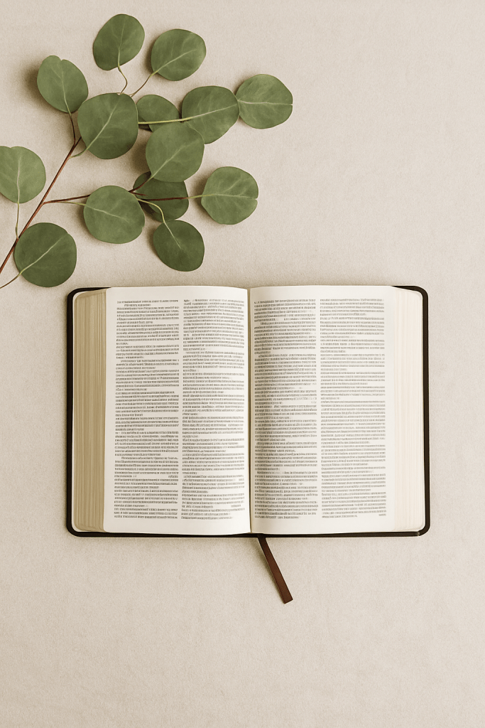 An open Bible lays on a neutral background with green leaves underneath it.